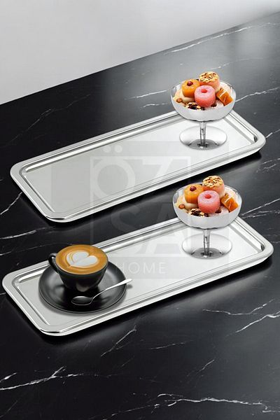 ÖzSa Home 4 Pieces Presentation Set Steel Rectangular Tea Coffee Serving Presentation Tray and Turkish Delight Snack Bowl Ice Cream