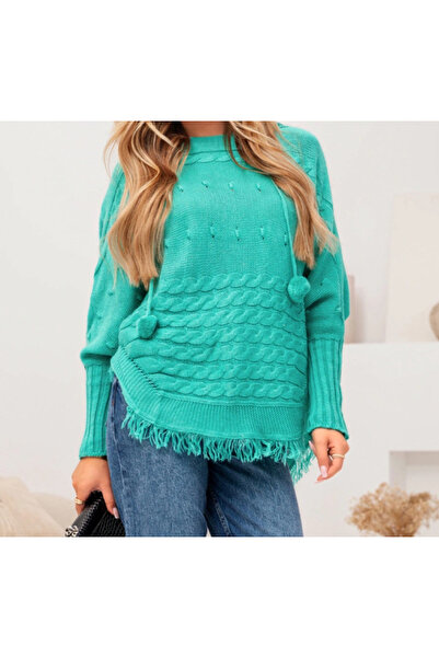 JUSTA Women's Plus Size Hooded Pom-Pom Detail Knitwear Sweater