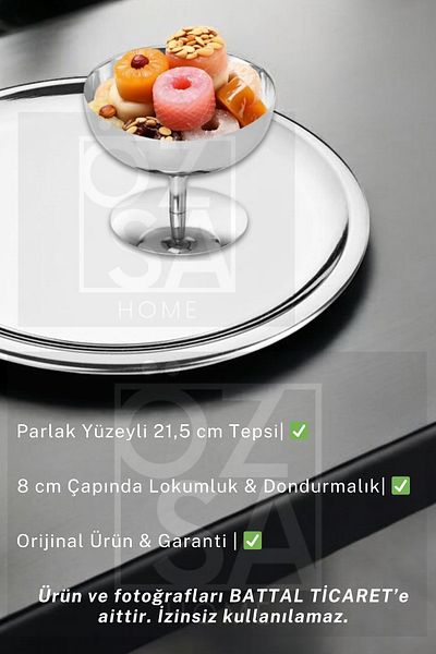 ÖzSa Home 2 Pieces Presentation Set Steel 21cm Round Tea Coffee Serving Presentation Tray and Turkish Delight Bowl Ice Cream
