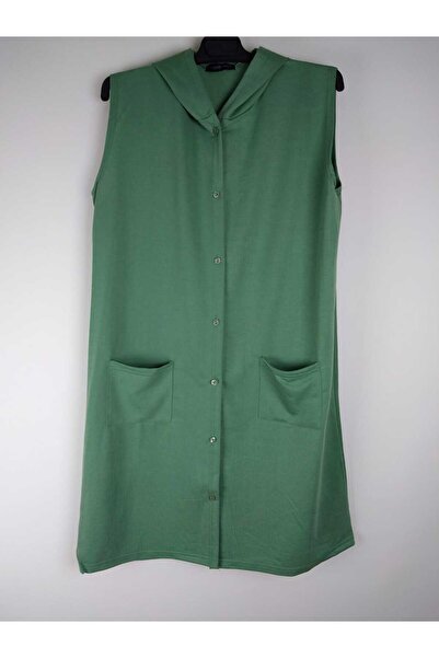 YAŞAR TRİKO Жіночий зелений капюшон з ґудзиками, без рукавів, з кишенями, двоколірний довгий жилет