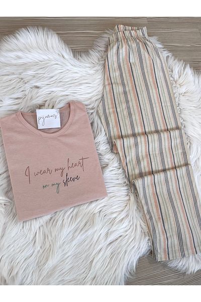 Pijamacs Set de pijamale tricotate cu mânecă scurtă din bumbac cu dungi cu dungi