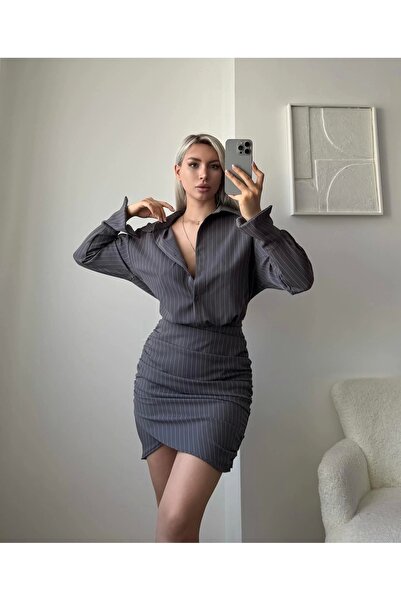 Zora Butik Çizgili Double Gömlek Elbise - GRİ