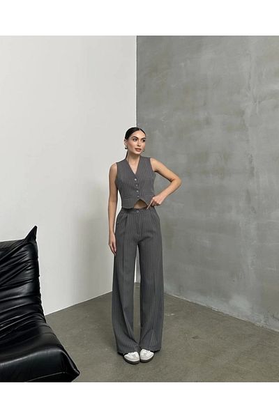 Asfa Moda Women's Anthracite Striped Sleeveless Vest Palazzo Pants Double Set
