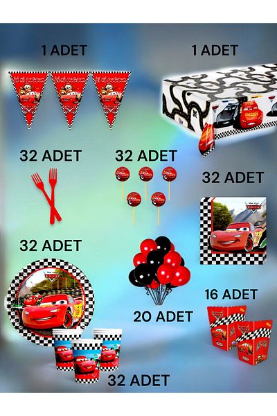 VibeHome 32 Person Cars Themed XL Pack - Birthday Party and Fun Events