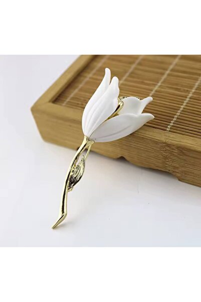 ESJ Beyaz Lale Kadın Broş Ebat: 3,4*8 Cm