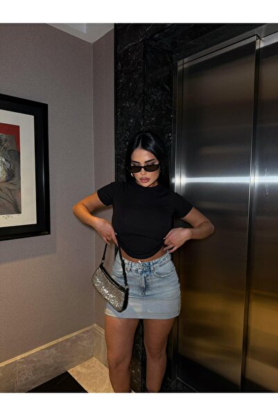 LB Laluna Butik Kadın Ters Katlama Detaylı Denim Etek