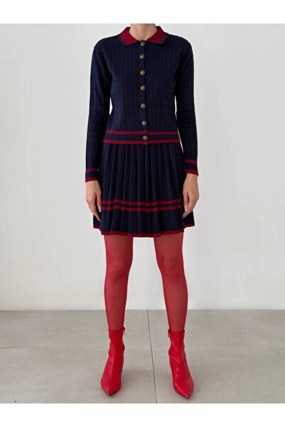 Lusin Women's Polo Neck Knitwear Set - Stylish Sweater and Skirt, Purple