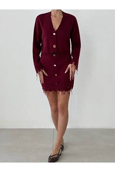 Lusin Burgundy Women's Knitwear Sweater and Skirt Set - Ripped Detail