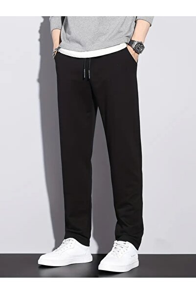 CAONNES Μαύρο φαρδύ ύφασμα, άνετο υφασμάτινο παντελόνι φόρμας με φαρδιά γραμμ...