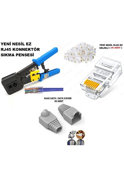 Derwell Yeni 2025 Nesil Pense + Delikli Rj45 Cat6 30 Adet + 30 Adet Cover İnt...