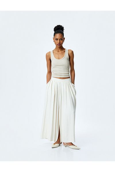 Koton Pocketed Slit Viscose Linen Blended Pleated Long Flared Skirt