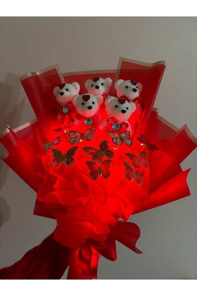 Store Led Işıklı Kelebekli Ayıcıklı Kırmızı Çiçek Buketi Sevgililer Günü Doğum Günü Anneler Günü Hediyesi