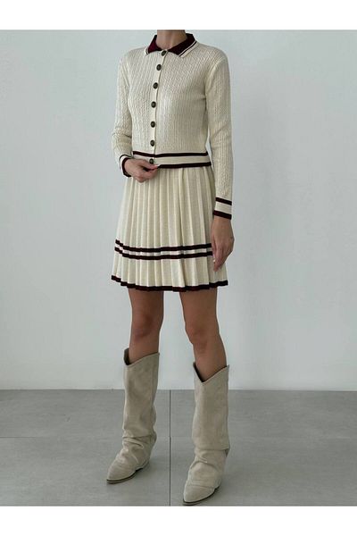 Lusin Polo Collar Women's Knitwear Sweater and Skirt Set - Ecru