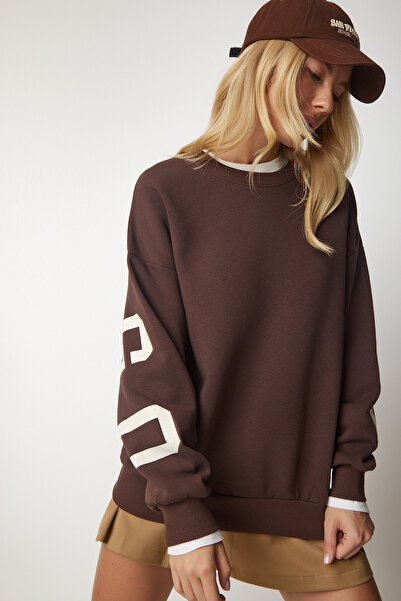 Lovelyİstanbul Φούτερ Oversize Καφέ εμπριμέ - LHF0019