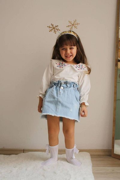 Prime Butik Girl's 2-Piece Suit with Embroidered Collar with Jeans Skirts