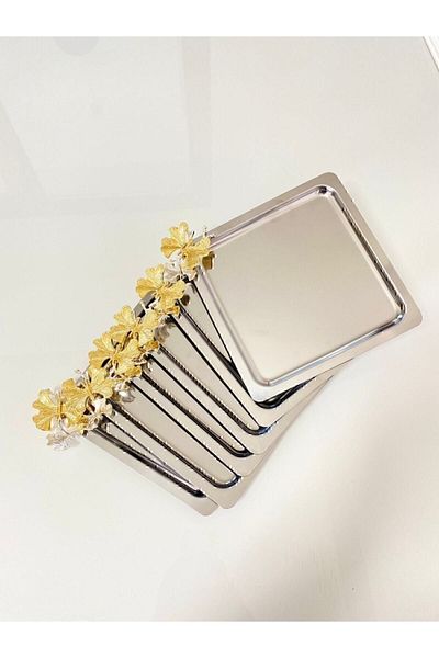 Kumsal Hediyelik Stainless Steel Square 6-Piece Silver Coffee, Tea, Decorative Presentation Serving Tray with Luxury Butterfly Accessories