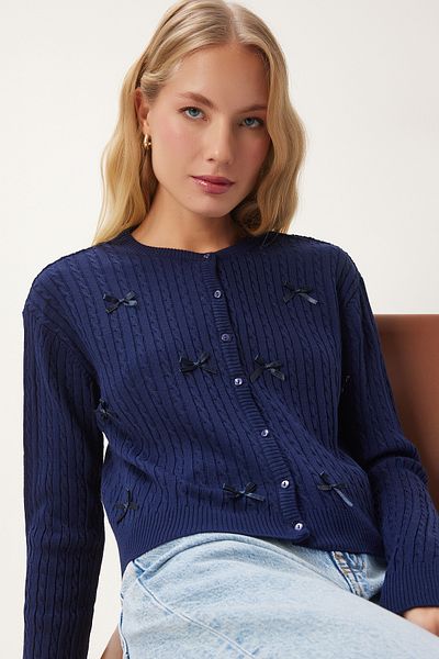 Lovelyİstanbul ALBASTRU ÎNCHIS LPF0084 - Cardigan tricot împletit cu fundă