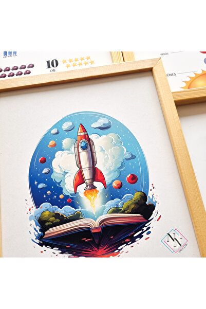 NN DECOR Uzay Konseptli Eğitici 3'lü Set - Doğal Ahşap Çerçeveli, Bebek ve Çocuk Odası Tablo Seti