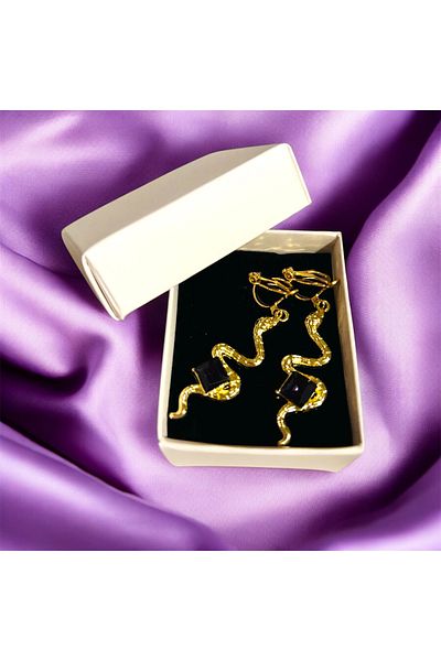 1PARÇAMAVİ Women's Non Perforated Earrings with Plum Stone Snake Clips - No Perforation Earrings