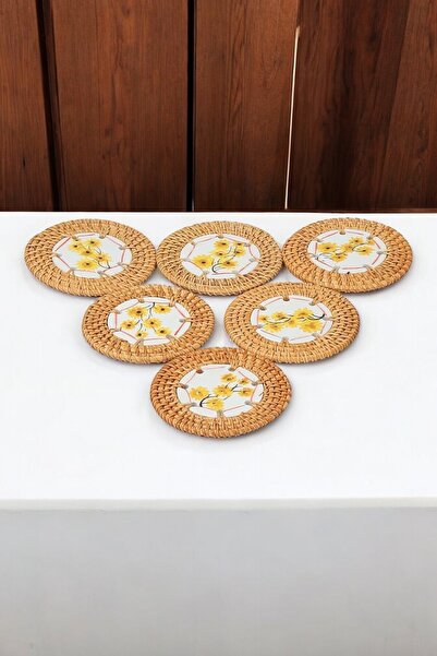 oceanpoint 6'lı Doğal Rattan ve Seramikli Detaylı Bardak Altlığı Seti Bohem T...