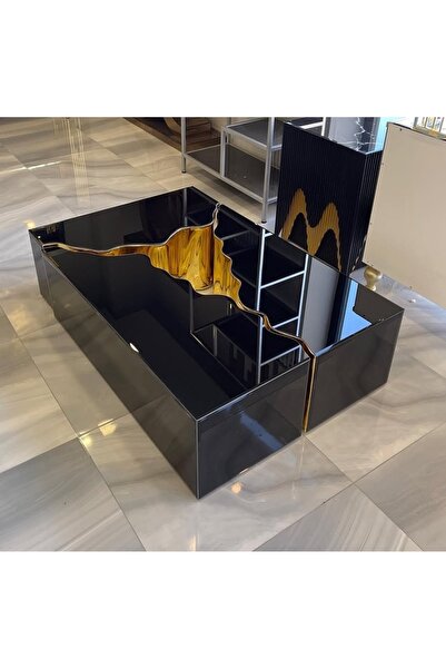 LUXURY VİLLA Luxury Siyah Camlı Tekerlekli Orta Sehpa 85x125 Yükseklik 32cm