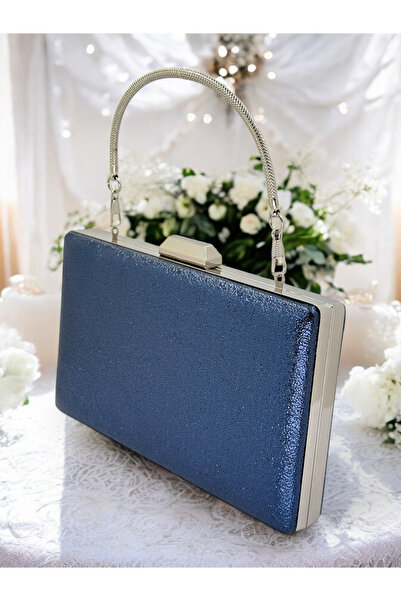 Biçanta Сумка вечірня з матової шкіри з металевою ручкою та синім кришталевим візерунком, сумка для весілля, заручин, вечірки