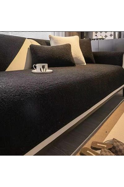 MER HOME Canapea pentru trei persoane din pluș Teddy Curly - Husă pentru spațiu de șezut (1 buc) 80*190 cm Negru
