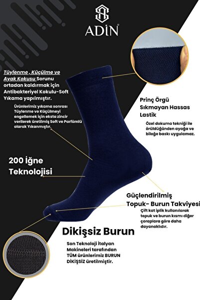 Adin Bambu Erkek Soket Uzun Düz Lacivert Çorap Dikişsiz Premium 6'li