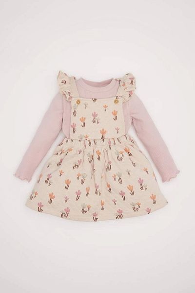 DeFacto D7252 Set 2 piese pentru fetiță, cu flori, cu nervuri, cu mânecă lungă, tricou de bază