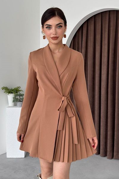 bayansepeti Φόρεμα Mini Jacket από ύφασμα Mink Atlas με πλισέ και λεπτομέρεια ζώνης 281