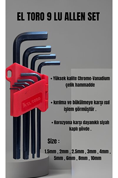 ELTORO 9 Parça Düz Alyan Takımı Uzun boy 180mm Allen Seti