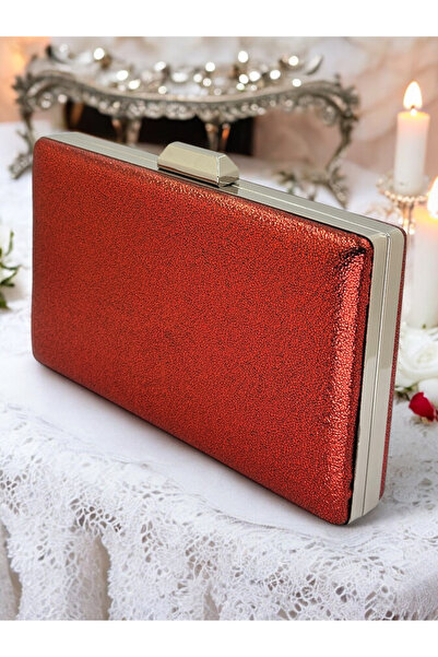 MidStore Red Platinum Crystal Patterned Matte Leather Metal Handle Evening Ba...