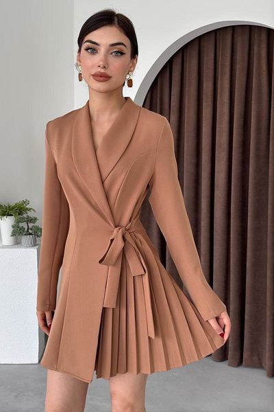 WOMAN VISION Γυναικείο ύφασμα Mink Atlas με πλισέ και ζωσμένο σχέδιο μακρυμάνικο μίνι παλτό φόρεμα 281