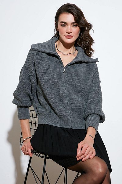 Lela Standard Fit Balloon Sleeve Zippered Thessaloniki Knitted Cardigan Cardigan 4615562