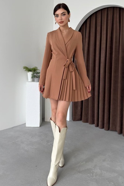 bayansepeti Φόρεμα Mini Jacket από ύφασμα Mink Atlas με πλισέ και λεπτομέρεια ζώνης 281