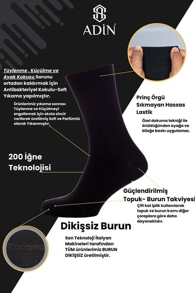 ADİNSOCKS Bamboo Men's Socks Long Plain Black Socks Seamless Premium 6-Piece