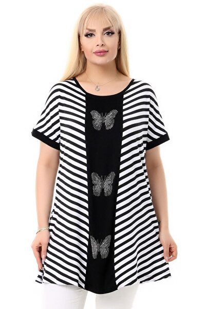 Kheos Κομψή ριγέ μπλούζα με λεπτομέρεια πεταλούδας - στρογγυλή λαιμόκοψη, κοντό μανίκι, μπλοκ, άνετη και χαλαρή