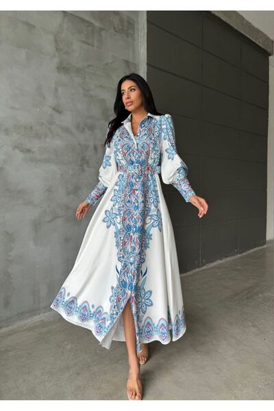 WellWay Rochie din stofă Atlas (curea inclusă)-albă