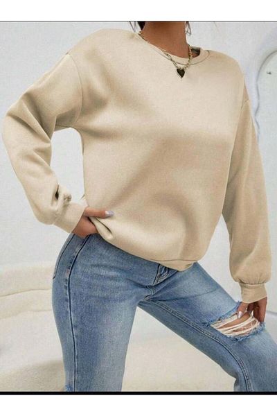 Simala Women's Long Sleeve Crew Neck Hooded Three Thread Fabric Sweat