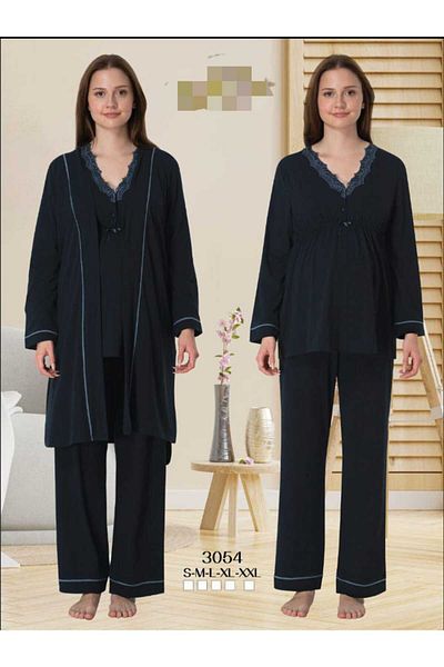 Lohussa Women's Black Lace Special Design Cotton Combed Maternity Maternity Dressing Gown Pajamas Set Set