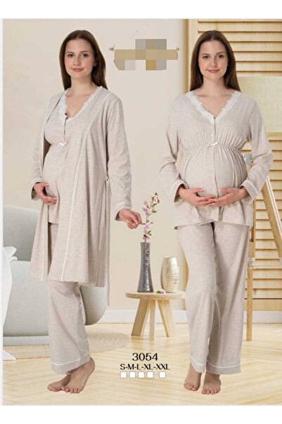 Lohussa Kadın Bej Dantelli Özel Tasarım Pamuk Penye Hamile Lohusa Sabahlık Pijama Takımı Set