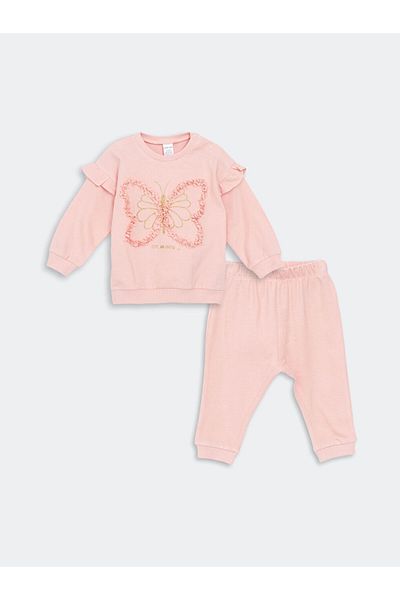 LC Waikiki Lcw Crew Neck Baby Girl Sweatshirt and Leggings 2 Pack Fast Fashion