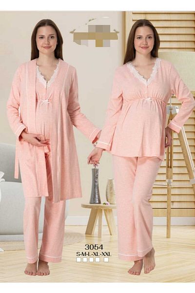 Lohussa Women's Pink Lace Special Design Cotton Combed Maternity Maternity Dressing Gown Pajamas Set Set