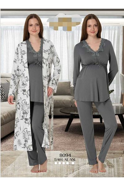 Lohussa Women's Gray Lace Special Design Cotton Combed Maternity Maternity Dressing Gown Pajamas Set Set