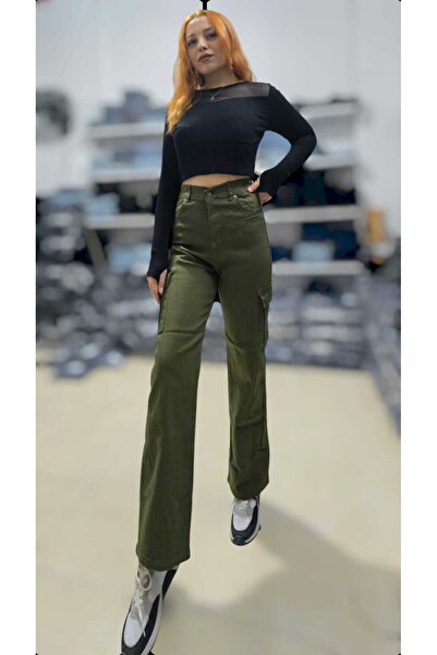 LAMİRA Jilly Women's Khaki Lycra Cargo Pocket Back Pocketless Palazzo Wide Leg