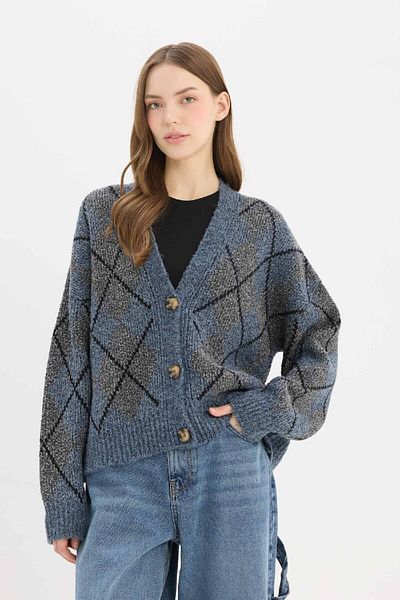 DeFacto V-Neck Argyle Regular Fit Knitwear Cardigan - Buttoned F0062Ax24Cw