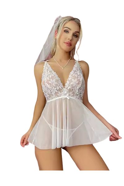 Motto10 butik Motto10boutique Φανταχτερό λευκό δαντελένιο σέξι νυχτικό με διάφανη φούστα από τούλι Bc3266