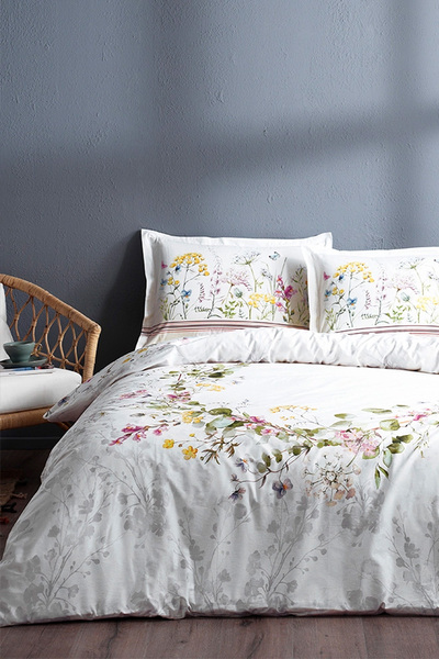 Özdilek طقم غطاء لحاف مزدوج من Ranforce Jardin De Flor - أبيض
