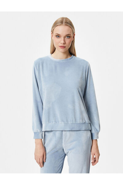 Koton Kışlık Pijama Üstü Kadife Yumuşak Dokulu Uzun Kollu Bisiklet Yaka