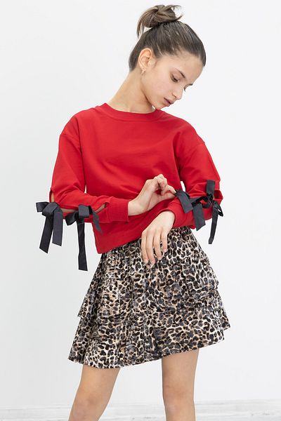 Cansın Mini Red Sleeves Bow Detailed Badi Leopard Skirt Girls' Suit 20188
